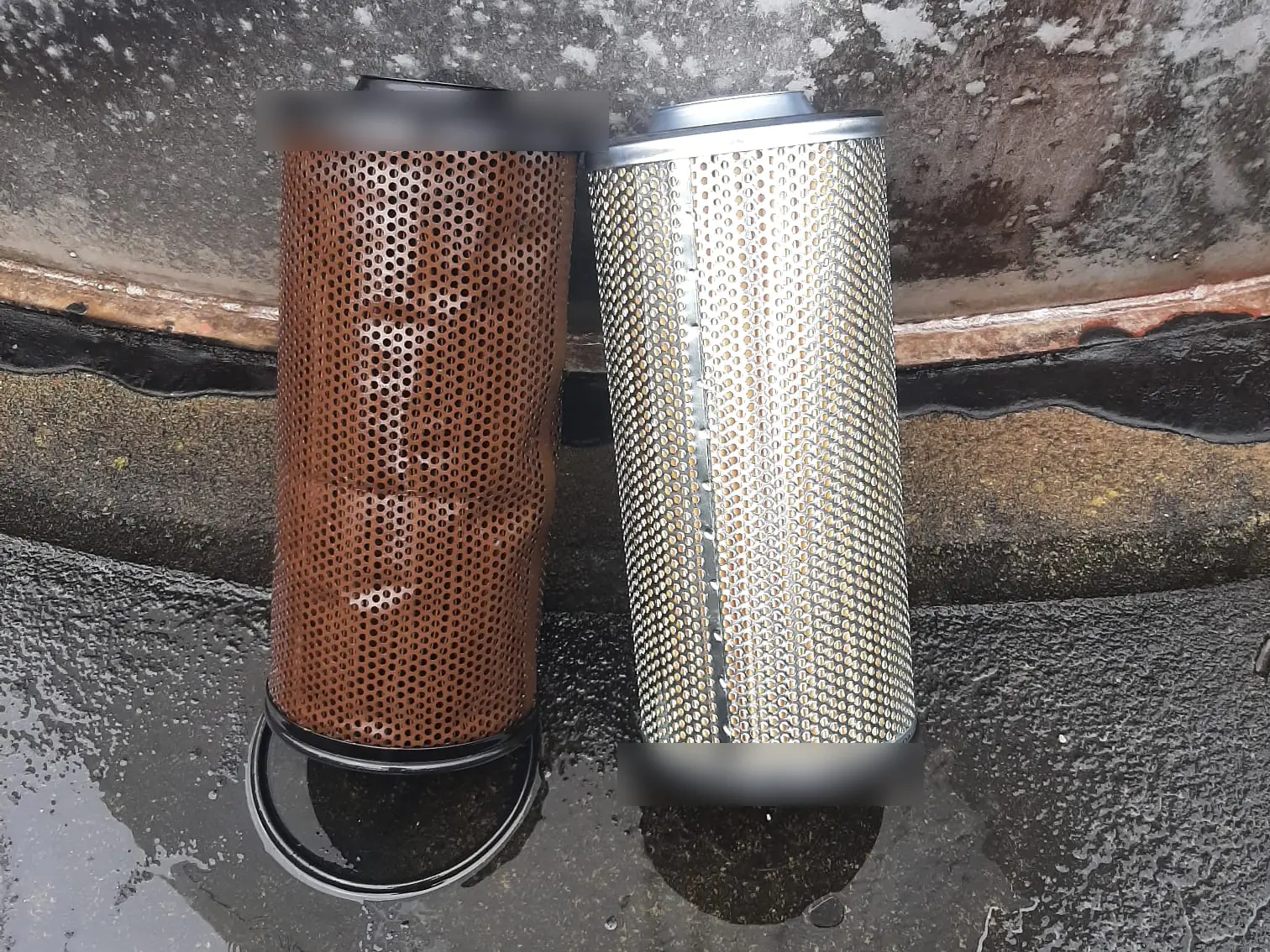 Elementos filtrantes comparados: um saturado e oxidado e outro novo